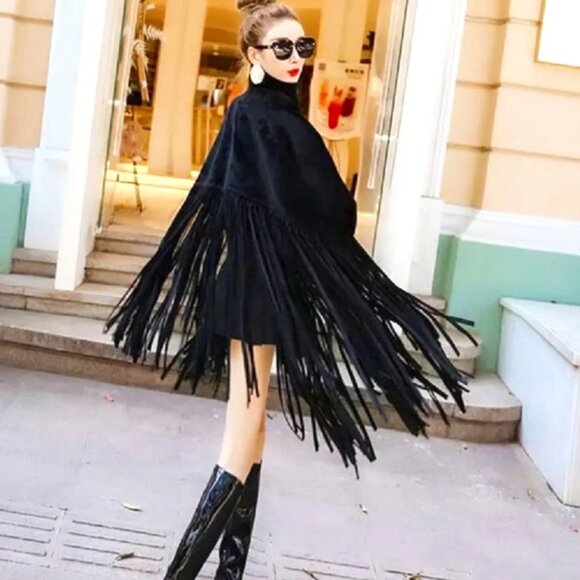 Chic Fringe Turtleneck Poncho Dress - Picture 4 of 5